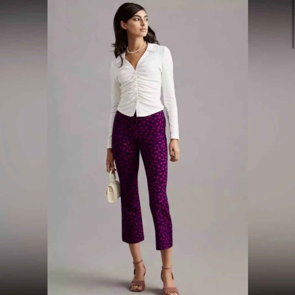 Anthropologie MAEVE The Margot Navy and Fuchsia Kick Flare Cropped Cherry Pants